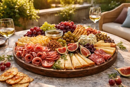 Elegant round charcuterie arrangement of mixed cheeses, ham, sausage rosettes, crackers, and ripe figs with grapes on a sunlit outdoor terrace