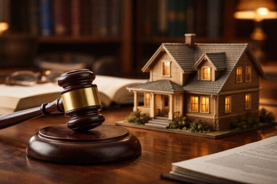 Law gavel alongside wooden dwelling depicting inheritance and probate legal matters