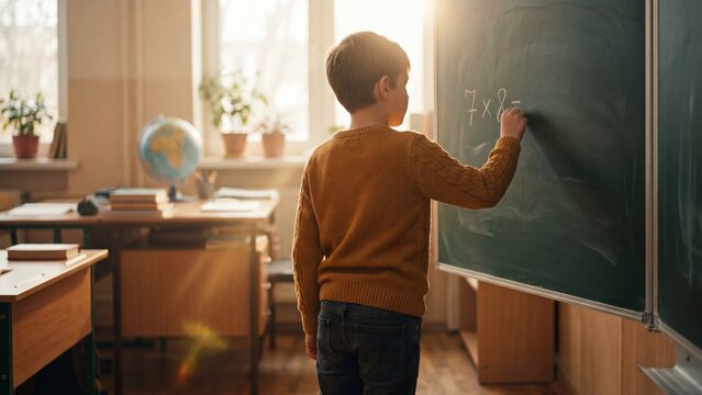 Boy writing multiplication equation on chalkboard in sunny classroom. Child learning basic math at elementary school. Educational environment with globe plants and desks promoting student engagement