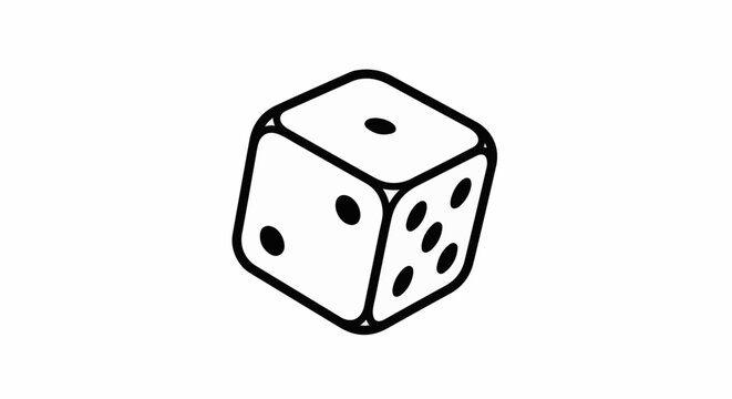A black and white illustration of a single die showing one, two, and five spots