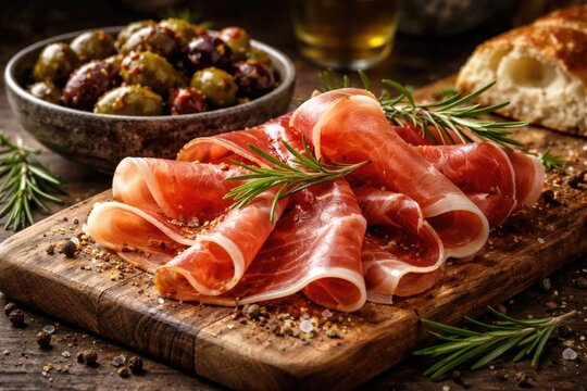 Italian prosciutto crudo raw ham accompanied by spiced olives and fresh rosemary