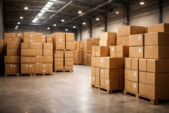 Cardboard box stacks inside a well lit warehouse with ample copy space