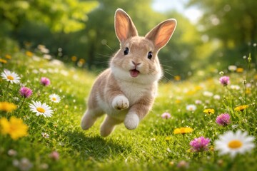 Fototapeta premium Cheerful rabbit hopping around green lawn filled with summer flowers in a joyful outdoor scene