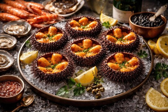 Gourmet seafood arrangement highlighting fresh sea urchins and culinary items