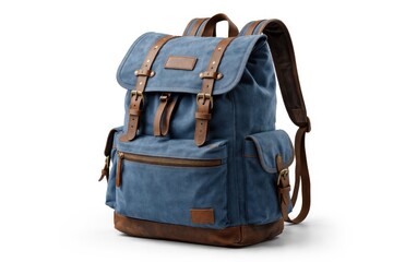 Naklejka premium Hipster blue canvas backpack displayed on clean white background
