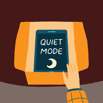 Hand placing phone into quiet mode box symbolizing digital detox, focus and reduced screen time, modern flat illustration with calm colors and mindfulness concept design. 