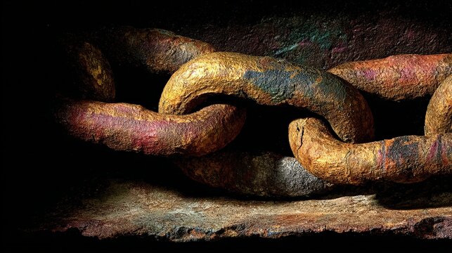 Textured close up of rusty metal chain links with dramatic shadows and colors