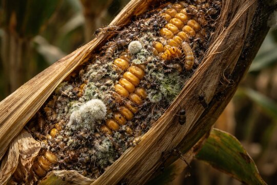 Insect damaged corn full of ear rot mold and toxic fungal growth