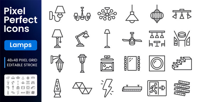 Lighting, interior lamp line icons set. Chandelier, ceiling fan, vanity mirror, LED strip, emergency exit flat minimal vector illustrations. Simple outline signs. 48x48 Pixel Perfect. Editable Stroke
