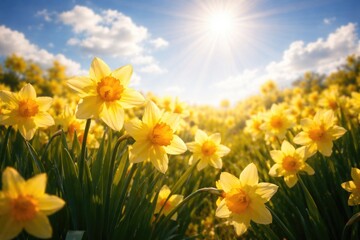 Fototapeta premium Daffodils glowing brightly beneath radiant sunlight with expansive blue sky