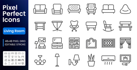 Naklejka premium Living room furniture line icons set. Sofa, leather armchair, fireplace, bookshelf, curtains, TV stand, rug flat minimal vector illustrations. Simple outline signs. 48x48 Pixel Perfect Editable Stroke