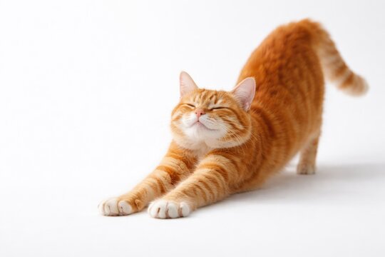 Happy red cat stretching on bright white background with copy space