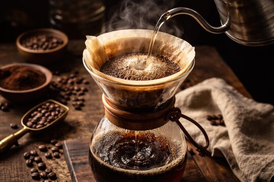 Fresh coffee preparation with pour over drip and paper filter