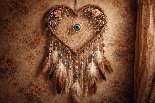 Artistic bohemian wall dreamcatcher in heart form decorated with rose beads and evil eye on vintage autumn wallpaper