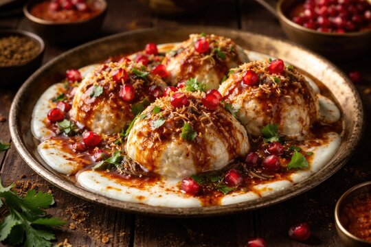Authentic dahi vada appetizer with spiced tamarind dressing and vibrant pomegranate topping