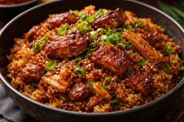 Fototapeta premium Flavorful Fried Rice with Spicy Pork Belly Kimchi and Sliced Green Onions