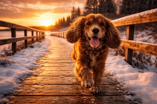Energetic brown cocker spaniel exploring a boardwalk during a sunset in winter