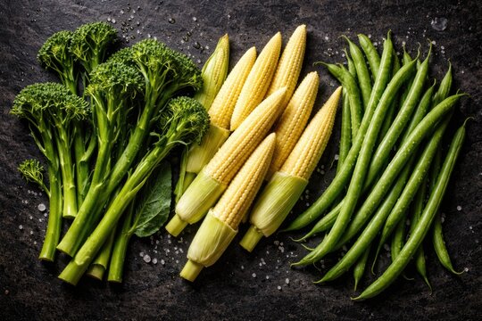 Healthy vibrant broccolini baby corn and green beans laid out on a bold dark textured backdrop