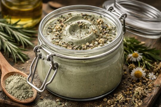 Crafting a green bentonite clay and herb facial treatment in a sealed jar