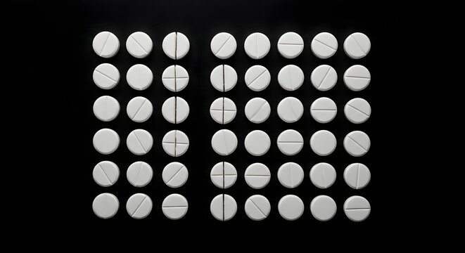 Pill tablets arranged in a symmetrical grid pattern create a medical background on a solid black surface.