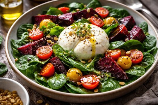 Fresh spinach salad with cherry tomatoes beets and burata cheese for a healthy lunch