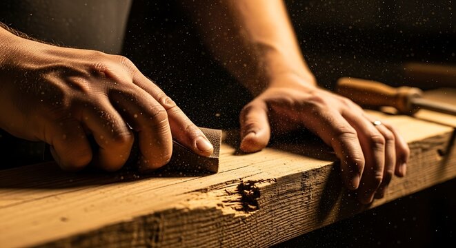 carpenter hands sanding a wooden plank with sandpaper in a workshop