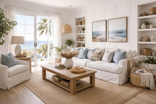 Interior living room scene with a coastal theme and white mock wall