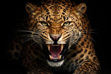 Obraz premium Fierce leopard close up with sharp eyes and growling mouth on black surface