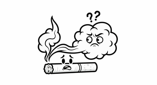 Cartoon cigarette and smoke cloud with confused and angry expressions