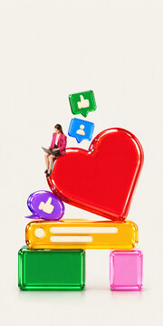 Businesswoman using laptop on large heart icon concept social media marketing strategy. Clean background, vertical composition, copy space, fits business, digital marketing, advertising