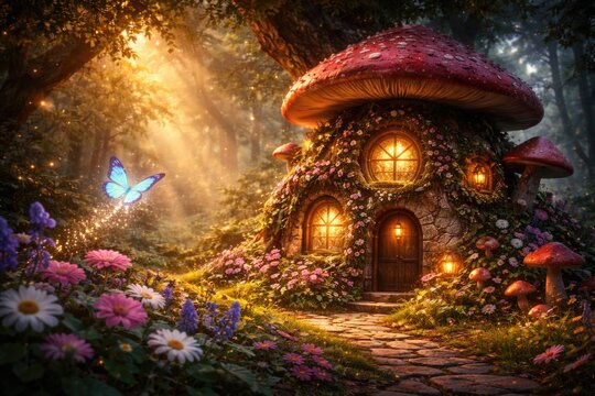 Charming fairy tale forest featuring a magical window, mushroom cottage, and bright butterfly fluttering over flowers