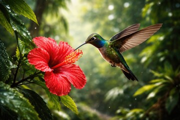 Obraz premium Hovering hummingbird in a dense tropical forest with a radiant red flower