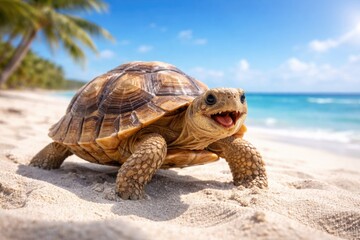 Obraz premium Cheerful turtle pet walking on fine white sand under clear summer skies