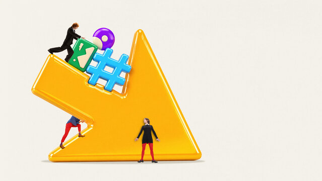 People interacting with large arrow and social media icons concept business growth strategy. Clean background, bold composition, copy space, fits marketing, analytics, business