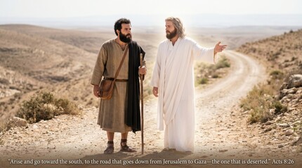 Obraz premium Angel appearing to Philip on the road to Gaza. Biblical scene from Acts 8 where a divine messenger instructs the disciple to travel south. Religious art illustrating a miracle of faith.
