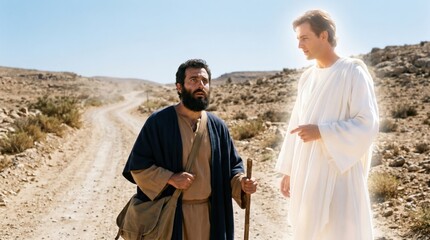 Fototapeta premium Angel appearing to Philip the Evangelist on the desert road. Biblical scene from Acts 8 where a glowing messenger directs an apostle. Spiritual guidance and divine revelation concept.