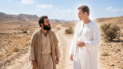 Obraz premium Man in robe walking and talking with divine man in white garment on desert road. Biblical scene of Philip the Evangelist speaking to angel on road from Jerusalem. Faith and religion.