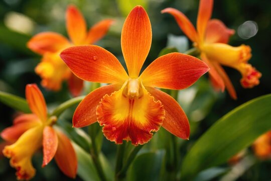 Close up image of a vibrant hybrid orchid Encyclia Prosthechea vitellina with striking orange and yellow shades