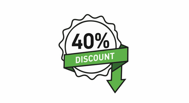 Graphic emblem with "40% DISCOUNT" text and a green downward arrow