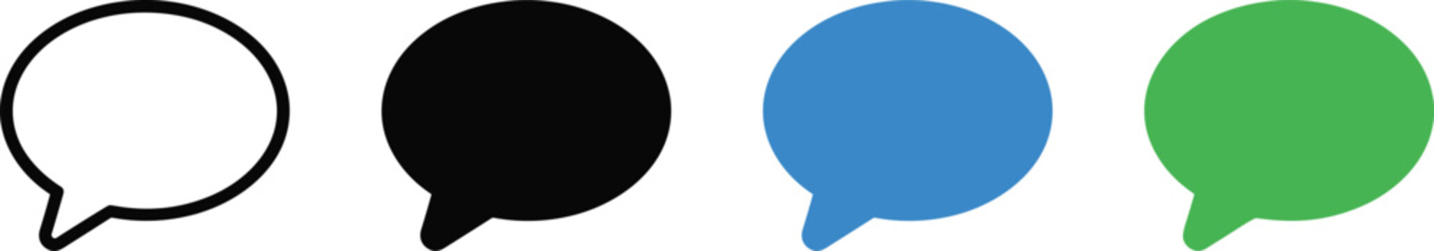 Chat message bubble vector icon set with black, blue and green flat speech symbols, editable communication icons collection for social media apps, customer support dashboards and web UI design