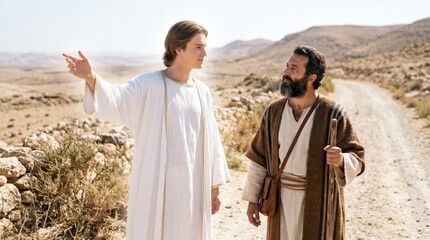 Fototapeta premium Angel pointing the way to a traveler on a desert road. Biblical scene of a celestial being guiding a man on his journey. Concept of faith, divine guidance and religious story.