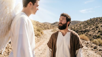 Obraz premium Angel appearing to Philip the Evangelist on the road to Gaza. Biblical scene from Acts of the Apostles showing divine encounter. Spiritual guidance and religious history concept.