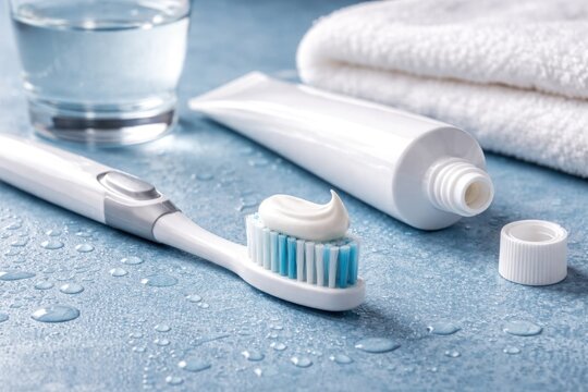 Hygiene routine featuring white toothpaste and toothbrush set against a blue textured surface