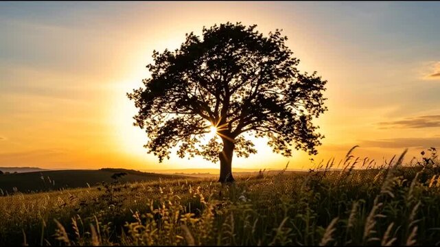 Silhouette of Majestic Tree on Hill at Summer Solstice Sunset