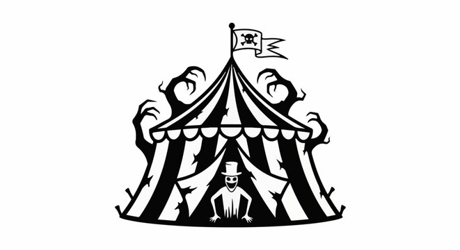 Spooky circus tent with eerie figures and a skull flag on top