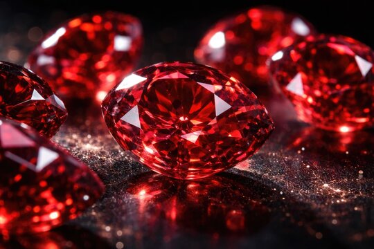 Bright red spinel gems exhibiting complex facets for gemology exhibits