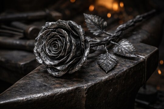 Hand forged iron rose sculpture displaying craftsmanship of traditional blacksmithing