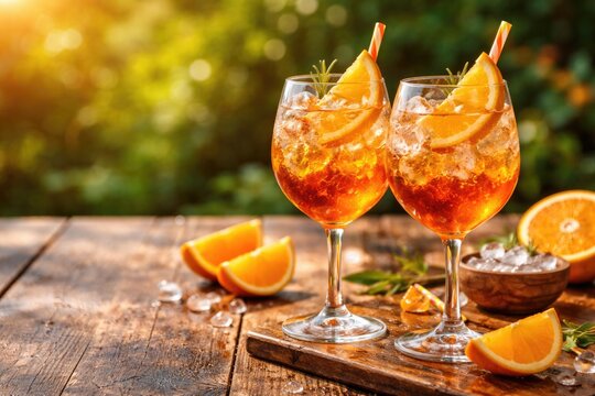 Colorful summer Aperol spritz cocktails in glasses with orange wedges on wooden background with room for text