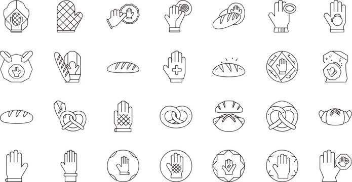 Collection of line depicting hands oven mitts and baked goods glove baking bread