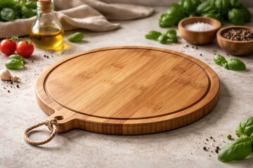 Obraz premium Eco friendly bamboo round pizza board against a neutral background food project mockup